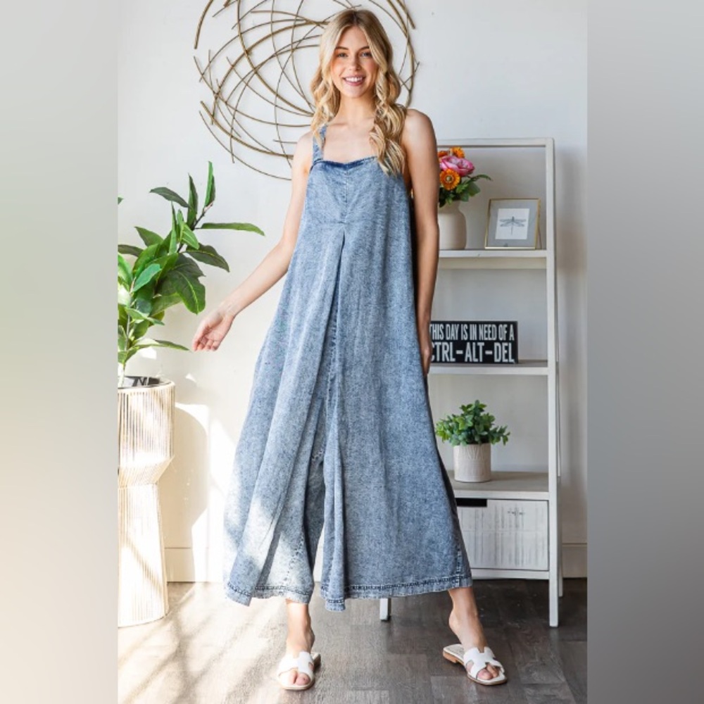 WASHED PLEATED DETAIL WIDE LEG ROMPER - Picture 6 of 7
